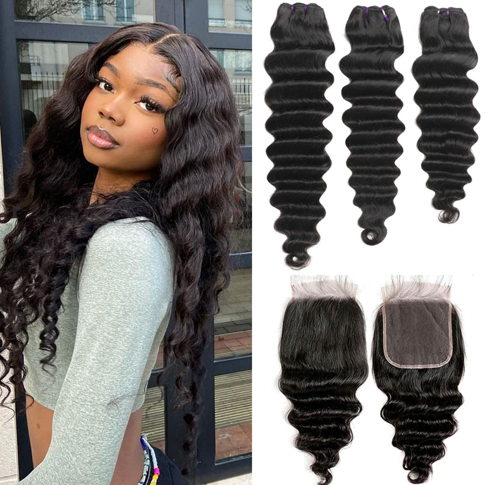 Deep Wave 3 Bundles With Closure - Пучки волос с глубокими волнистыми локонами