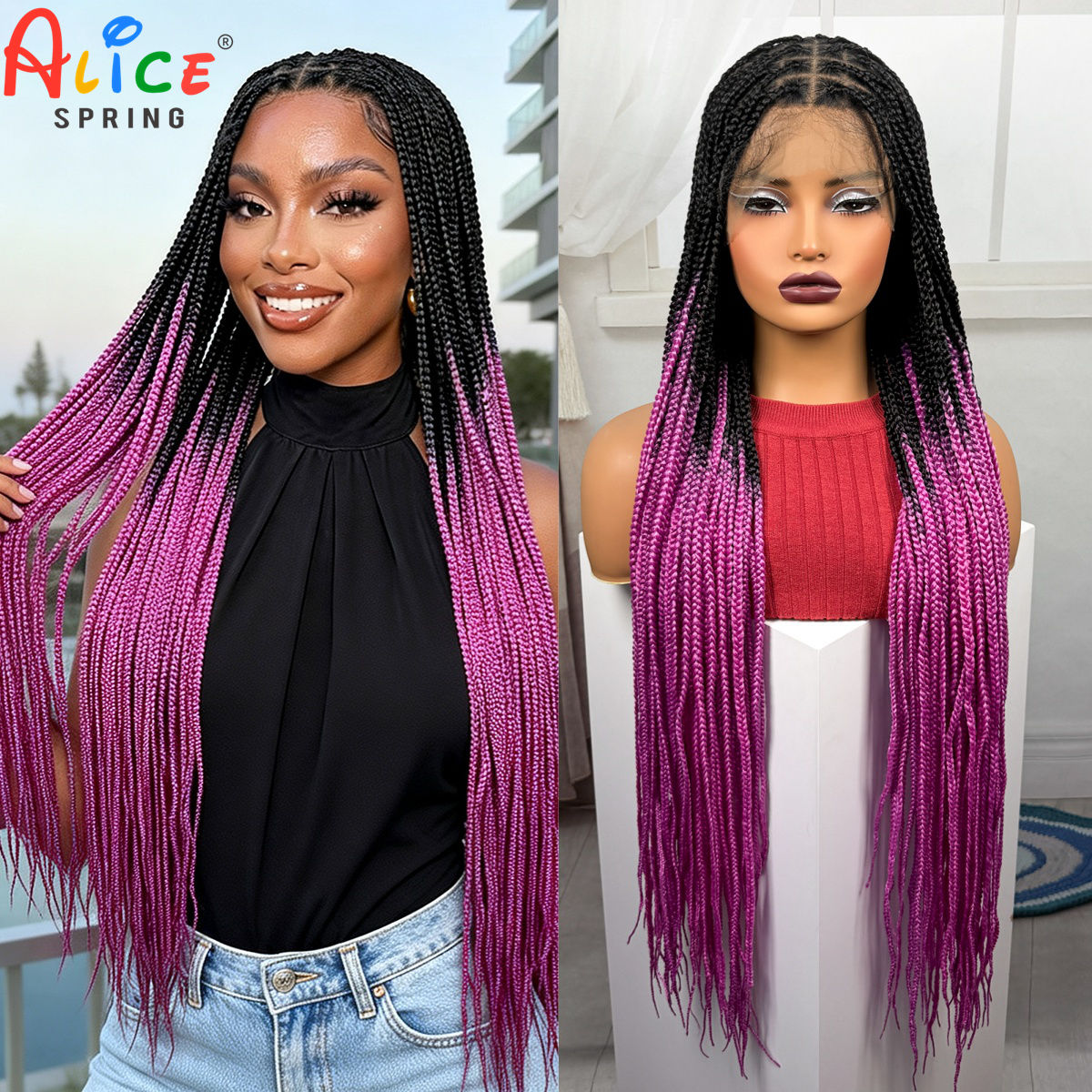 Synthetic Braided Wigs For Black Women - Синтетические парики с розовыми косами-бокс-брейдами длиной