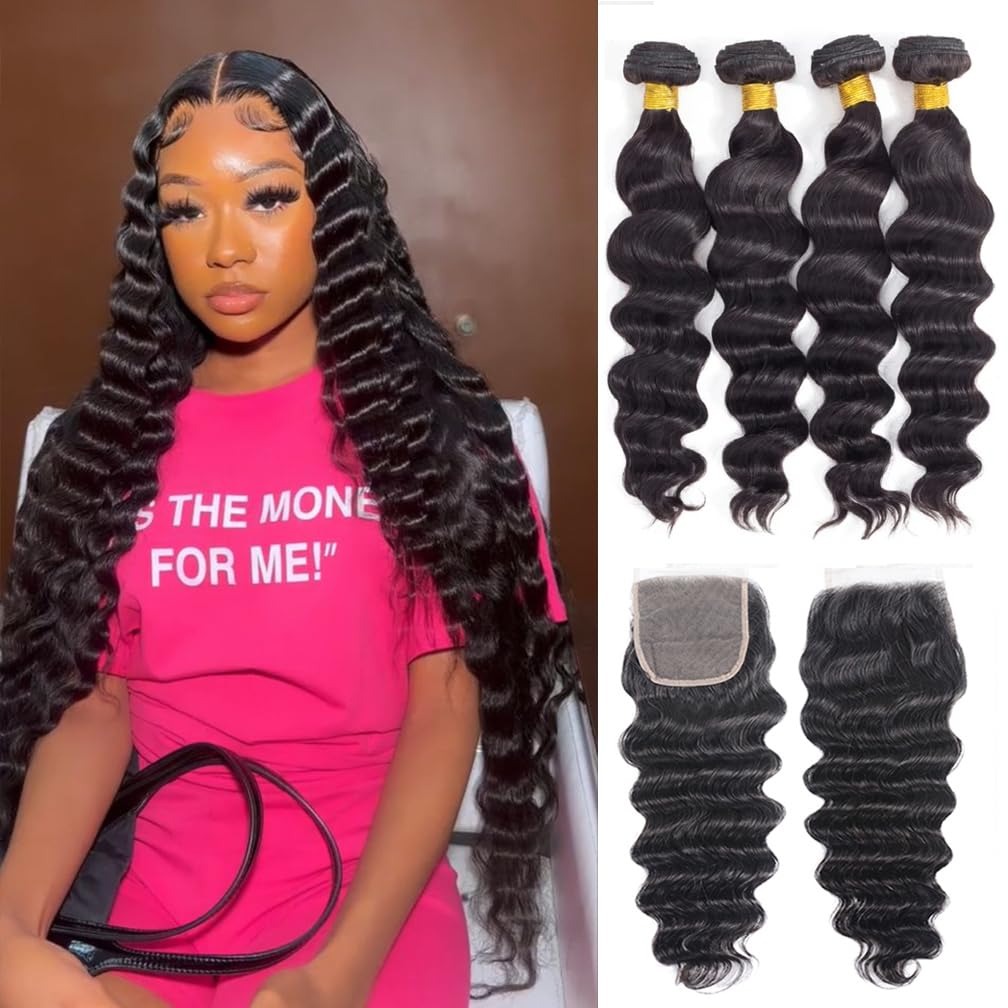 Deep Wave 3 Bundles With Closure - Наборы волос 30 дюймов: локоны Loose