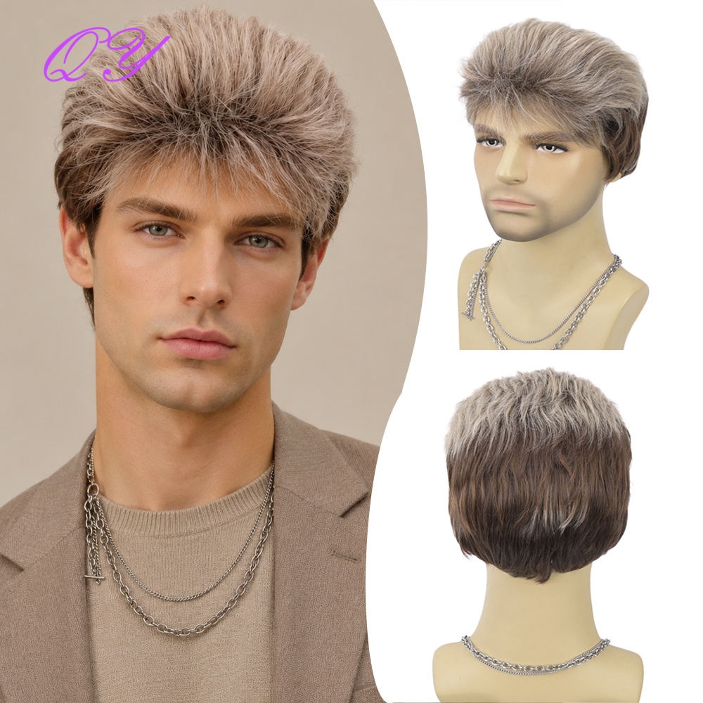 Synthetic Wigs - Синтетический короткий коричневый льняной мужской многослойный