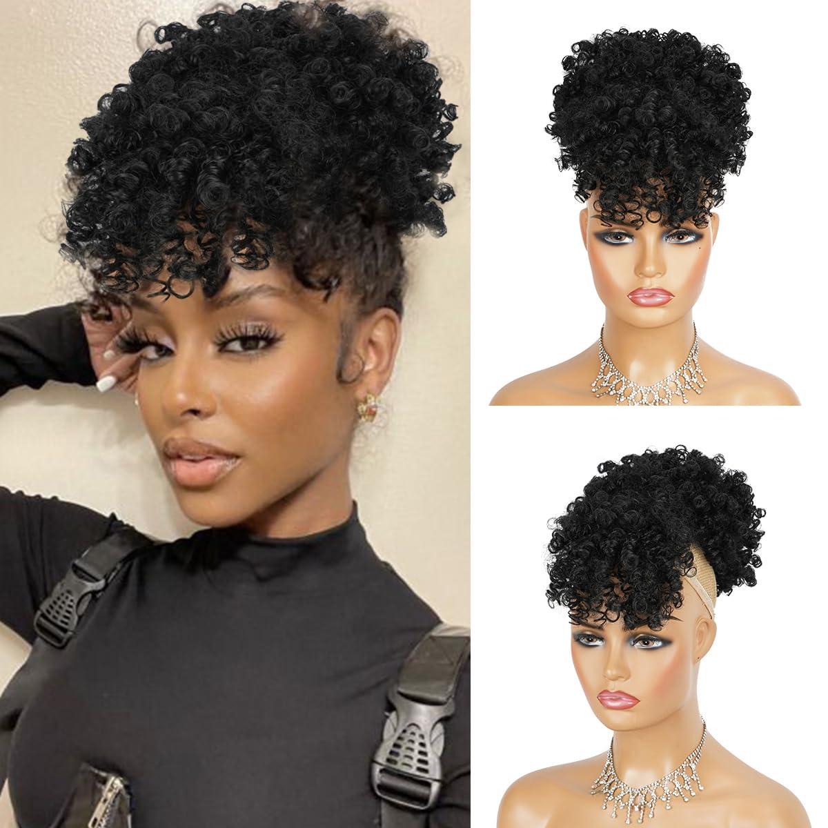 Drawstring Afro Curly Puff Ponytail - Афро-пушистый хвост на шнурке с челкой,